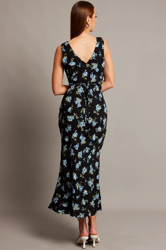 Black Floral Maxi Dress V-Neck Sleeveless