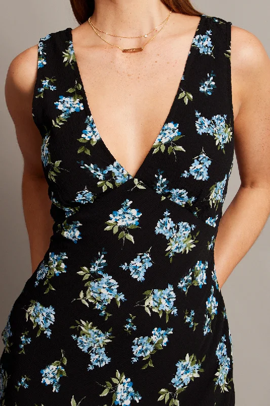 Black Floral Maxi Dress V-Neck Sleeveless