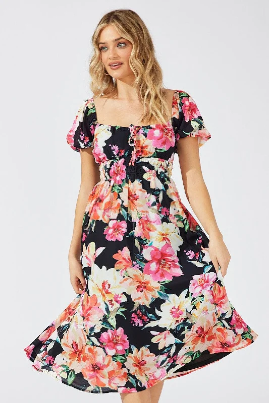 Black Floral Midi Dress Short Sleeve Ruched Bust