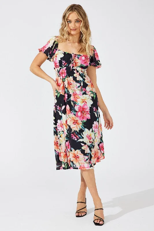 Black Floral Midi Dress Short Sleeve Ruched Bust