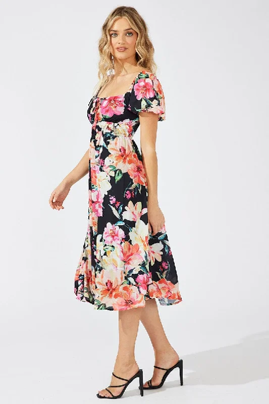 Black Floral Midi Dress Short Sleeve Ruched Bust