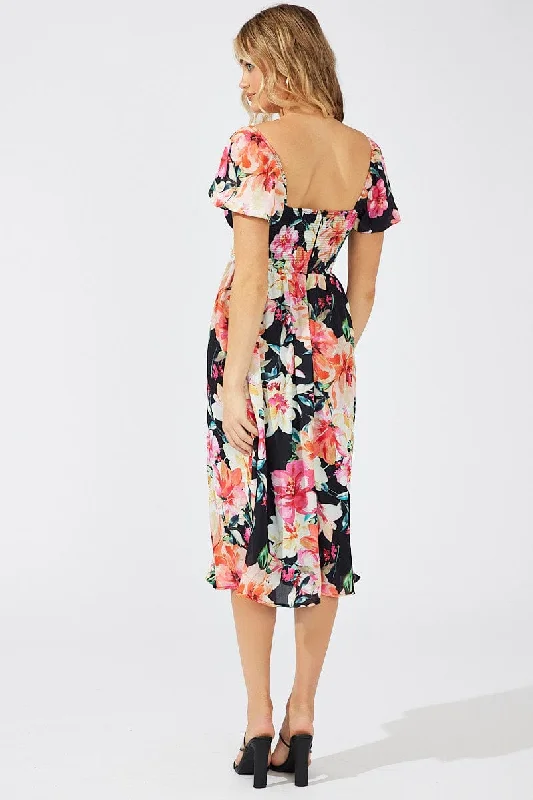 Black Floral Midi Dress Short Sleeve Ruched Bust