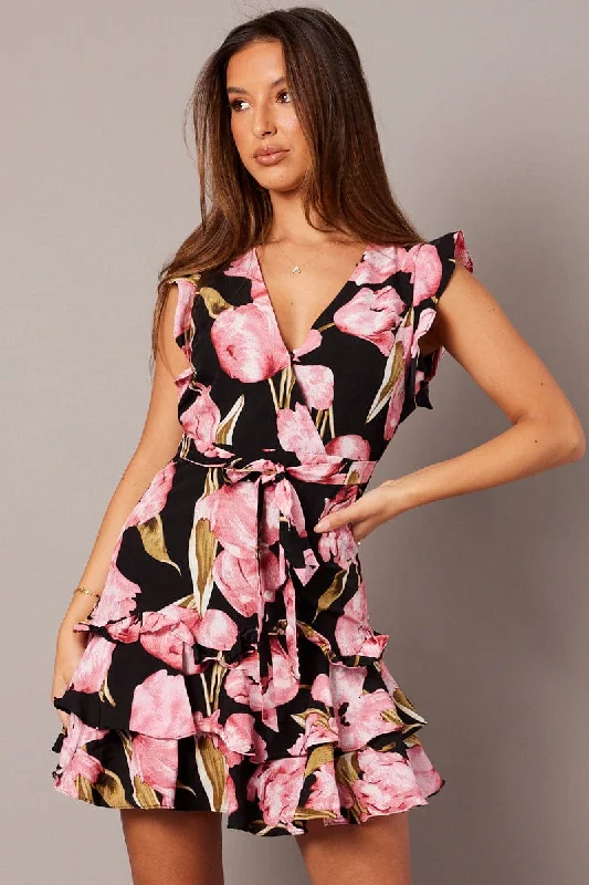 Black Floral Ruffle Dress Plunging Frill Shoulder Skater Dress