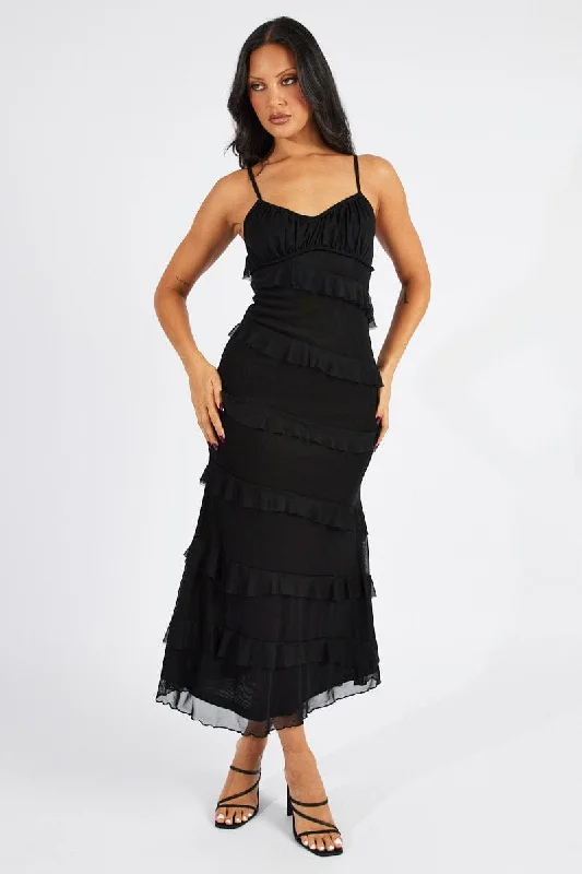 Black Maxi Dress Sleeveless Sweetheart Frill Mesh