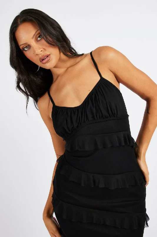 Black Maxi Dress Sleeveless Sweetheart Frill Mesh