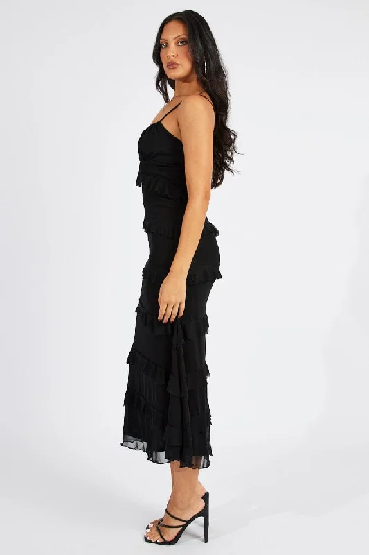 Black Maxi Dress Sleeveless Sweetheart Frill Mesh