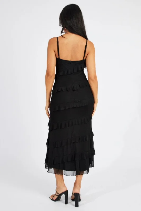 Black Maxi Dress Sleeveless Sweetheart Frill Mesh