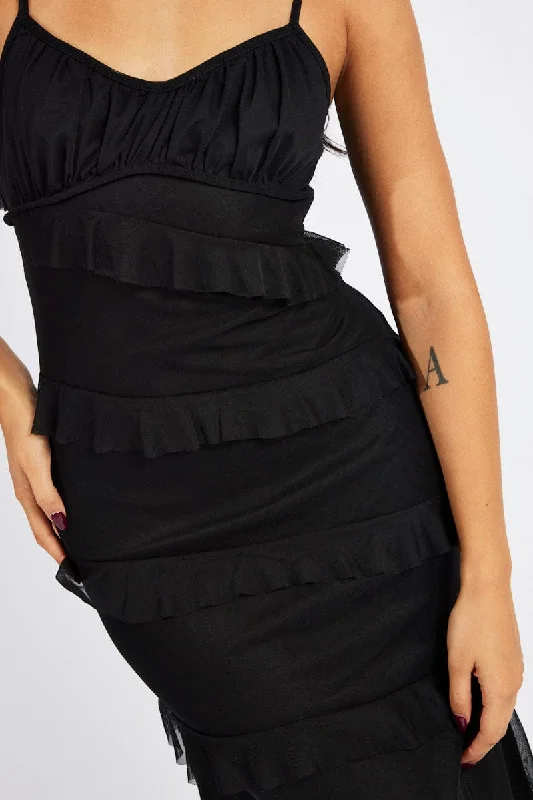 Black Maxi Dress Sleeveless Sweetheart Frill Mesh