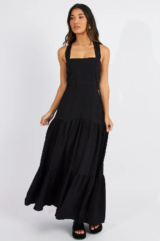 Black Maxi Dress Square Neck Tiered