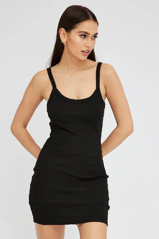 Black Rib Dress Sleeveless Scoop Neck Mini