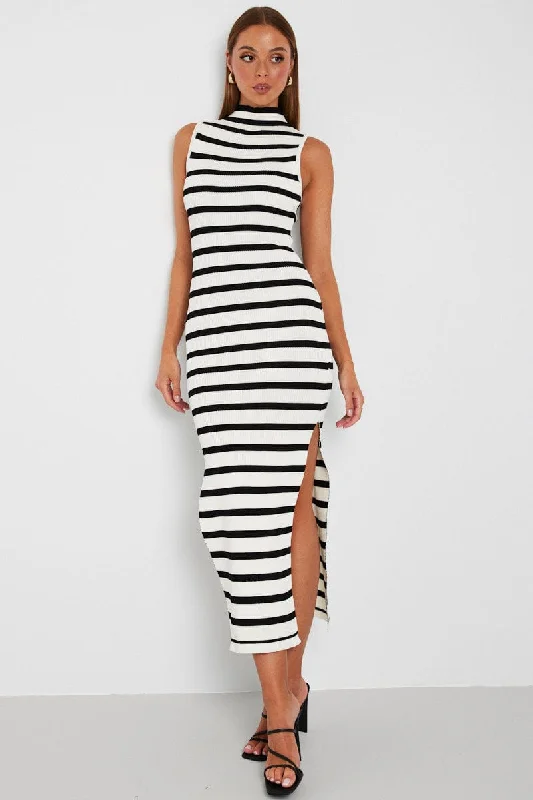 Black Stripe Knit Dress Sleeveless Midi