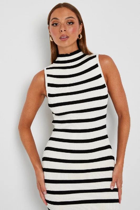 Black Stripe Knit Dress Sleeveless Midi