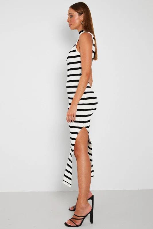 Black Stripe Knit Dress Sleeveless Midi