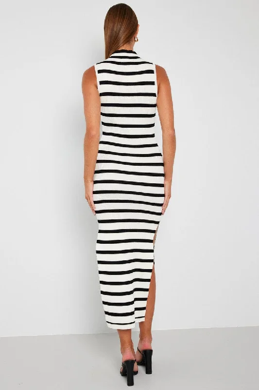 Black Stripe Knit Dress Sleeveless Midi