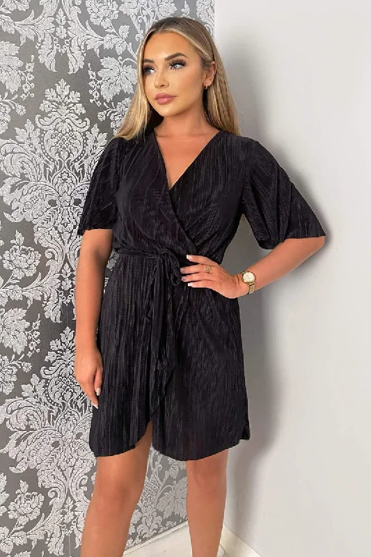 Black Wrap Top Belted Short Sleeve Plisse Mini Dress