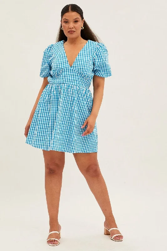 Blue Check Midi Dress Short Puff Sleeve V-neck Gingham