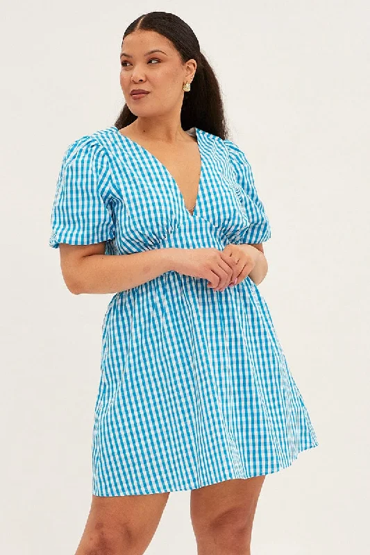 Blue Check Midi Dress Short Puff Sleeve V-neck Gingham