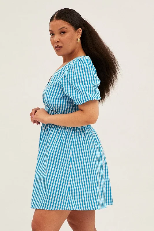 Blue Check Midi Dress Short Puff Sleeve V-neck Gingham