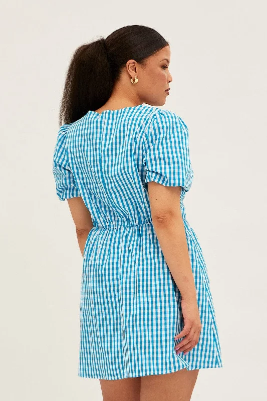 Blue Check Midi Dress Short Puff Sleeve V-neck Gingham