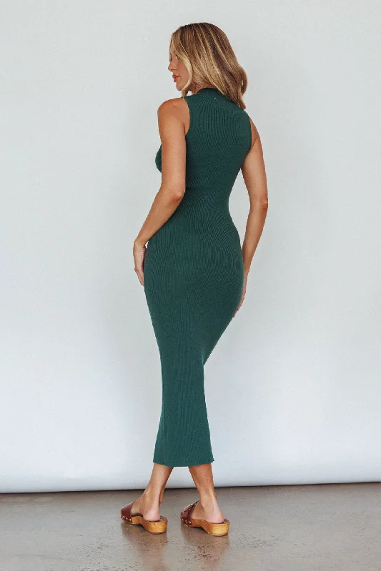 Brand New Day Lace-Up Bust Knit Midi Dress Emerald