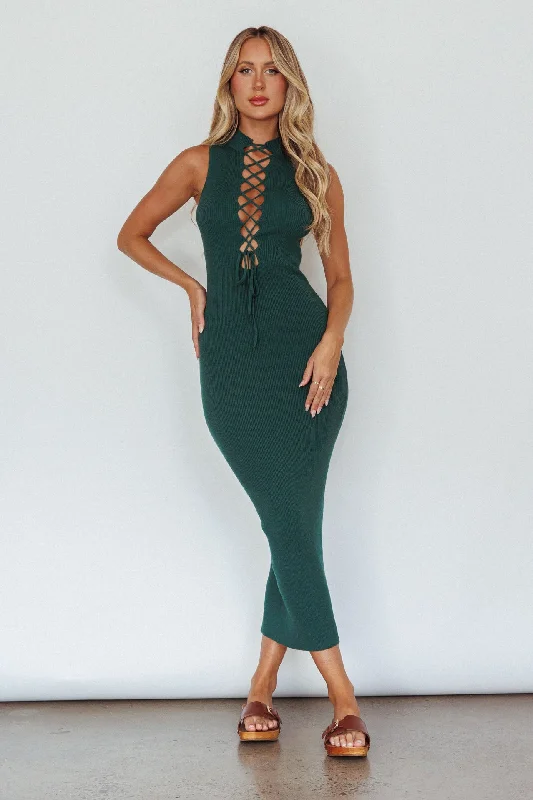 Brand New Day Lace-Up Bust Knit Midi Dress Emerald