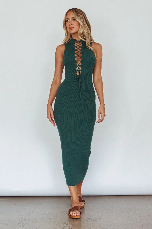 Brand New Day Lace-Up Bust Knit Midi Dress Emerald