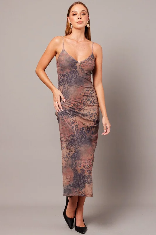 Brown Abstract Bodycon Maxi Dress Singlet