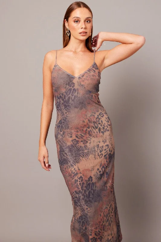 Brown Abstract Bodycon Maxi Dress Singlet