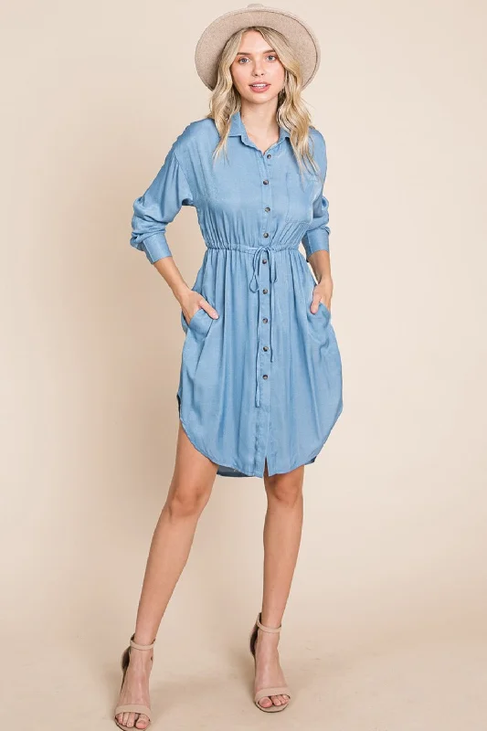 Button Up Drawstring Denim Short Dress