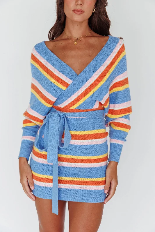 Cameo Batwing Knit Dress Striped Blue