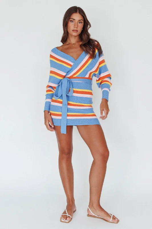 Cameo Batwing Knit Dress Striped Blue