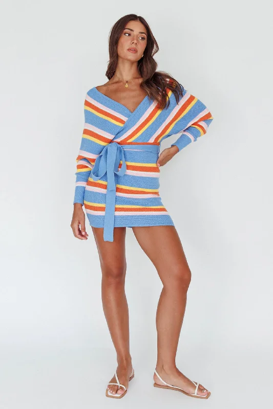 Cameo Batwing Knit Dress Striped Blue