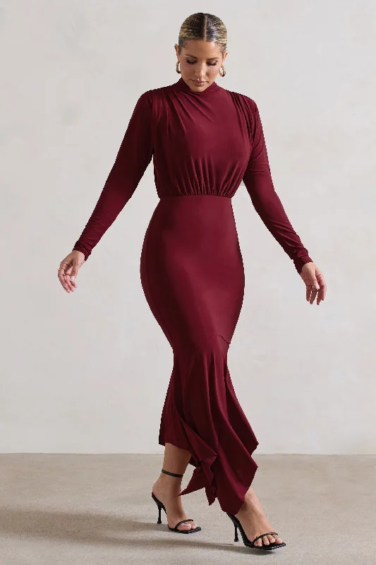 Carla | Berry High-Neck Maxi Dress With Draped Hem