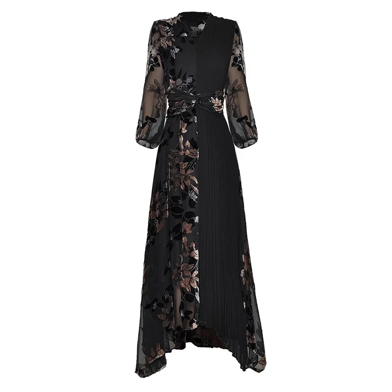 Cecil V-Neck Lantern Sleeve Velvet Jacquard Vintage Party Pleated Long Dress