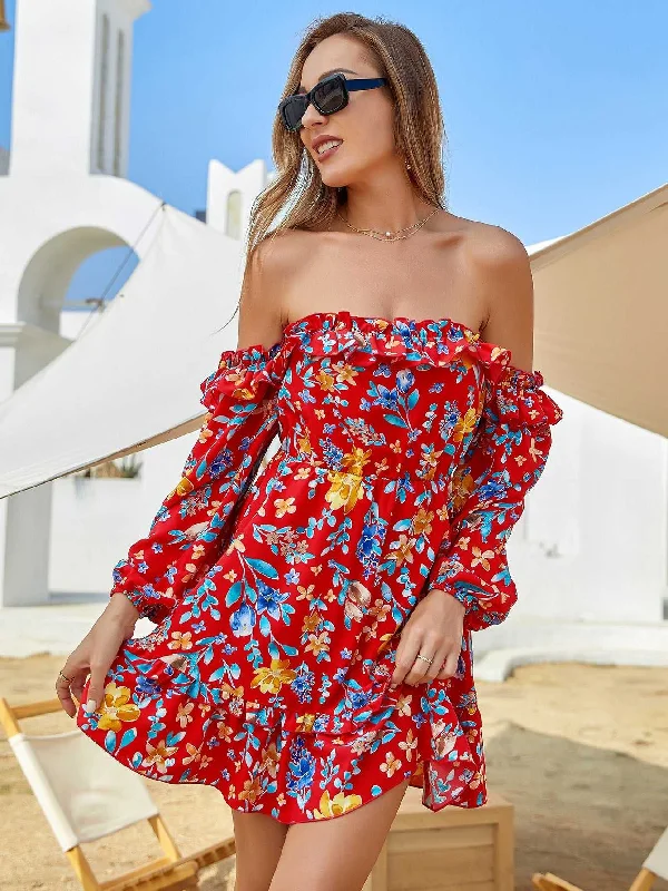 MegaBetty - Women's Spring And Summer Shoulder Off Red Floral Print Ruffle Hem Elastic Waist Dress