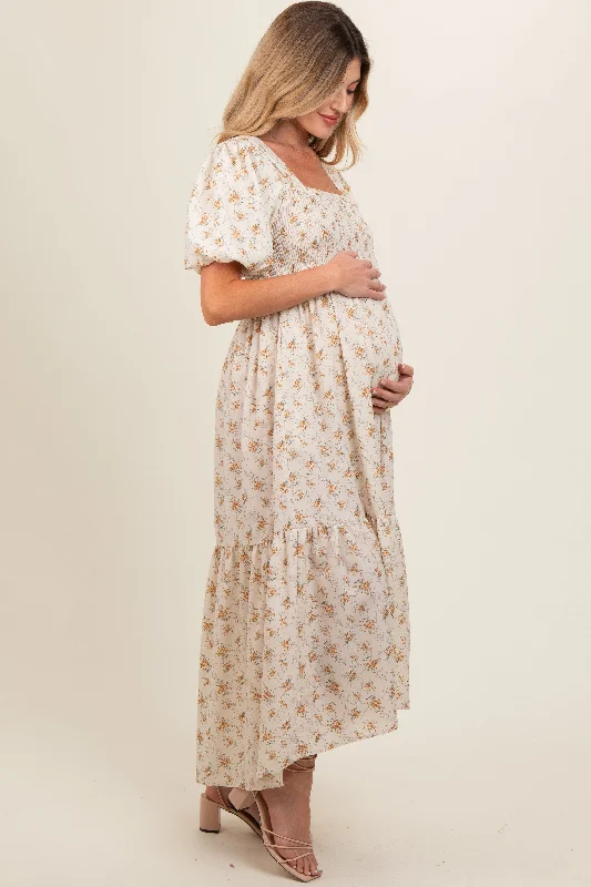 Cream Floral Smocked Square Neck Short Puff Sleeve Maternity Midi Dress