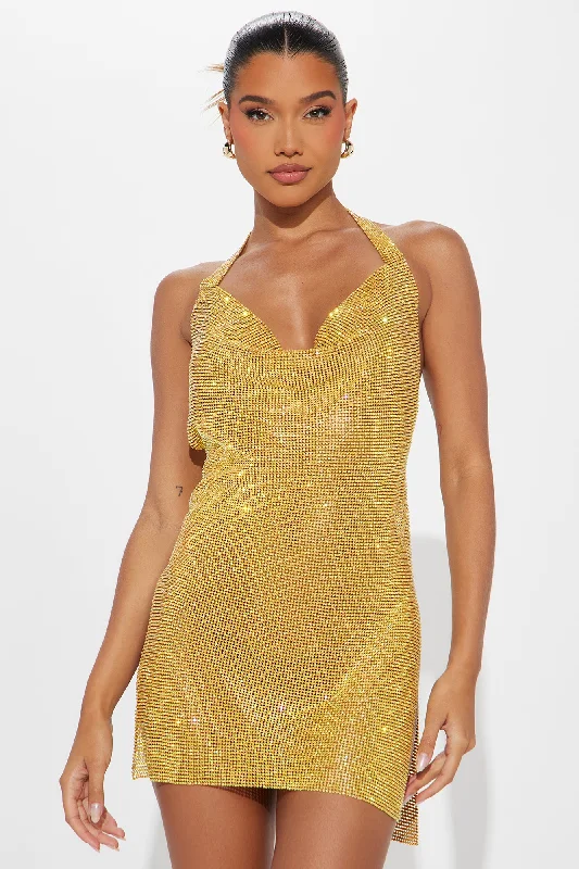 Dipped In Gold Rhinestone Mini Dress - Gold