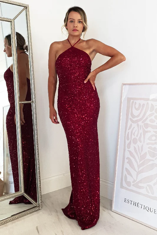 Brayson Halter Neck Sequin Gown | Dark Red