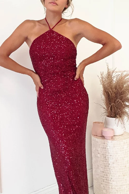 Brayson Halter Neck Sequin Gown | Dark Red