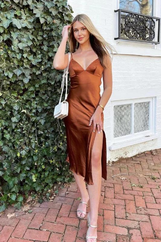 Downtown Cami Strap Front Split Midi Dress Rust