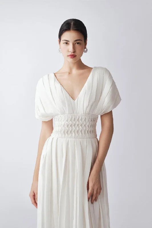 Eira Pleated V-Neck Linen Ankle Length Dress