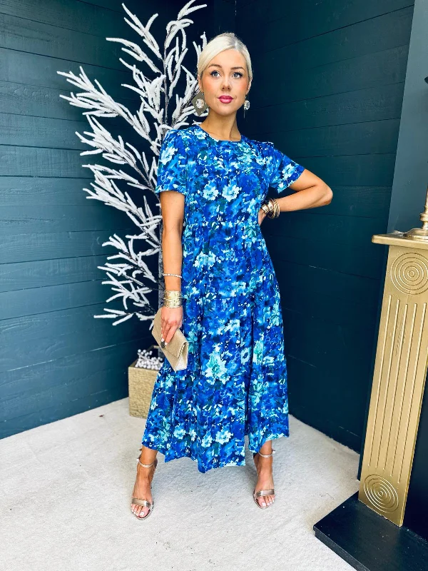 Ellie High Neck Midi Dress Floral Blue