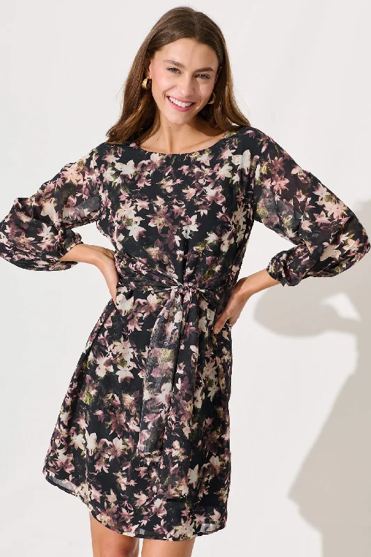 Eveleigh Dress In Black With Multi Floral