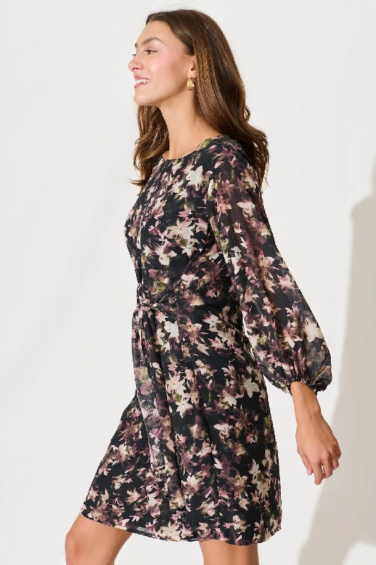 Eveleigh Dress In Black With Multi Floral