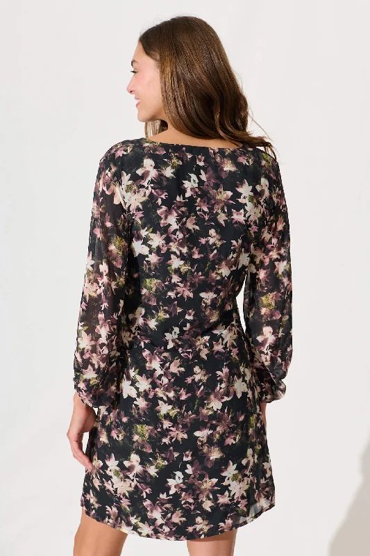 Eveleigh Dress In Black With Multi Floral