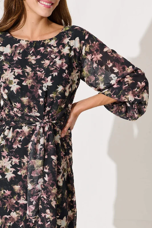 Eveleigh Dress In Black With Multi Floral