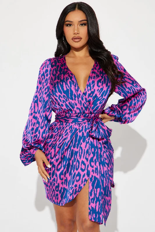 Fierce Leopard Satin Mini Dress - Magenta/combo