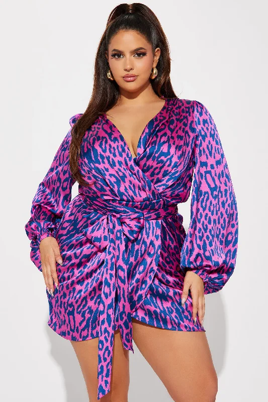 Fierce Leopard Satin Mini Dress - Magenta/combo