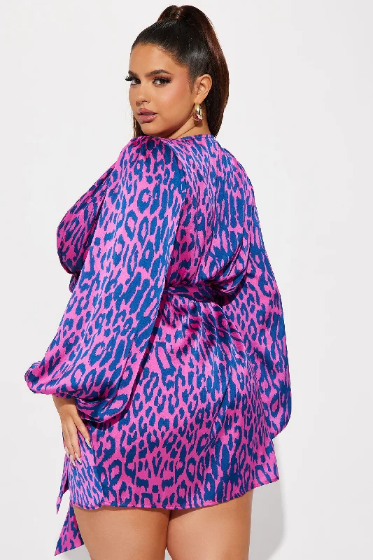 Fierce Leopard Satin Mini Dress - Magenta/combo