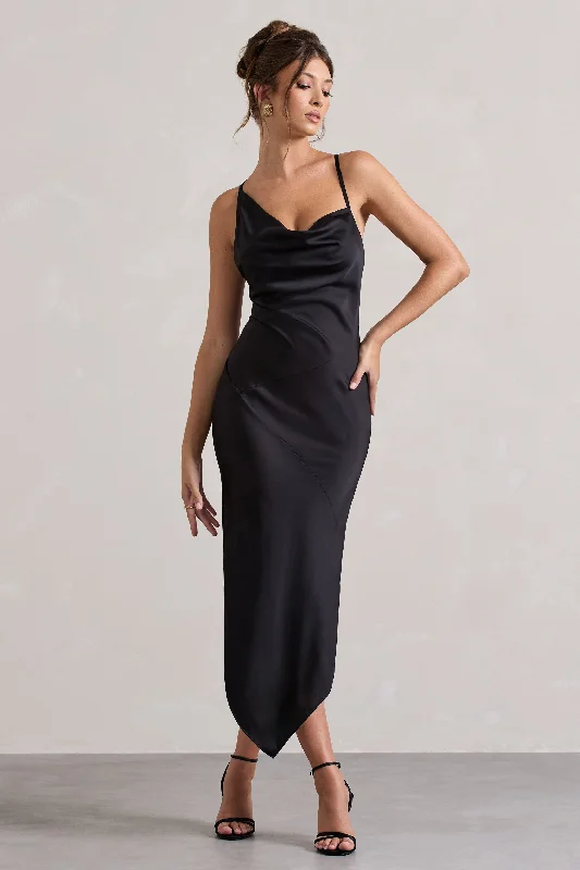 Fillie | Black Satin Asymmetric Cowl-Neck Midi Dress